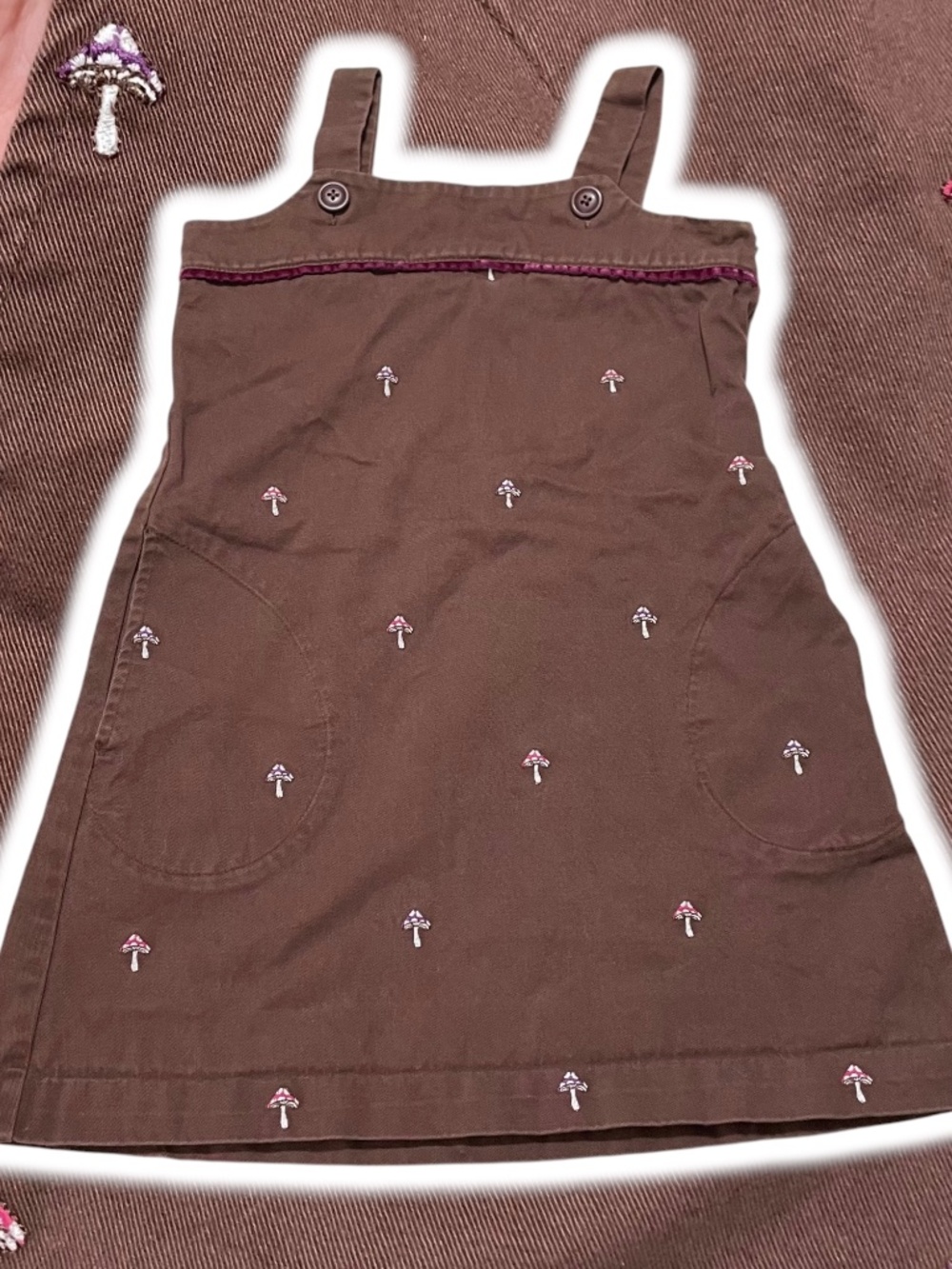 Mushroom Embroidered Pinafore Dress 7 Toadstool Cottagecore Brown Overall Dress